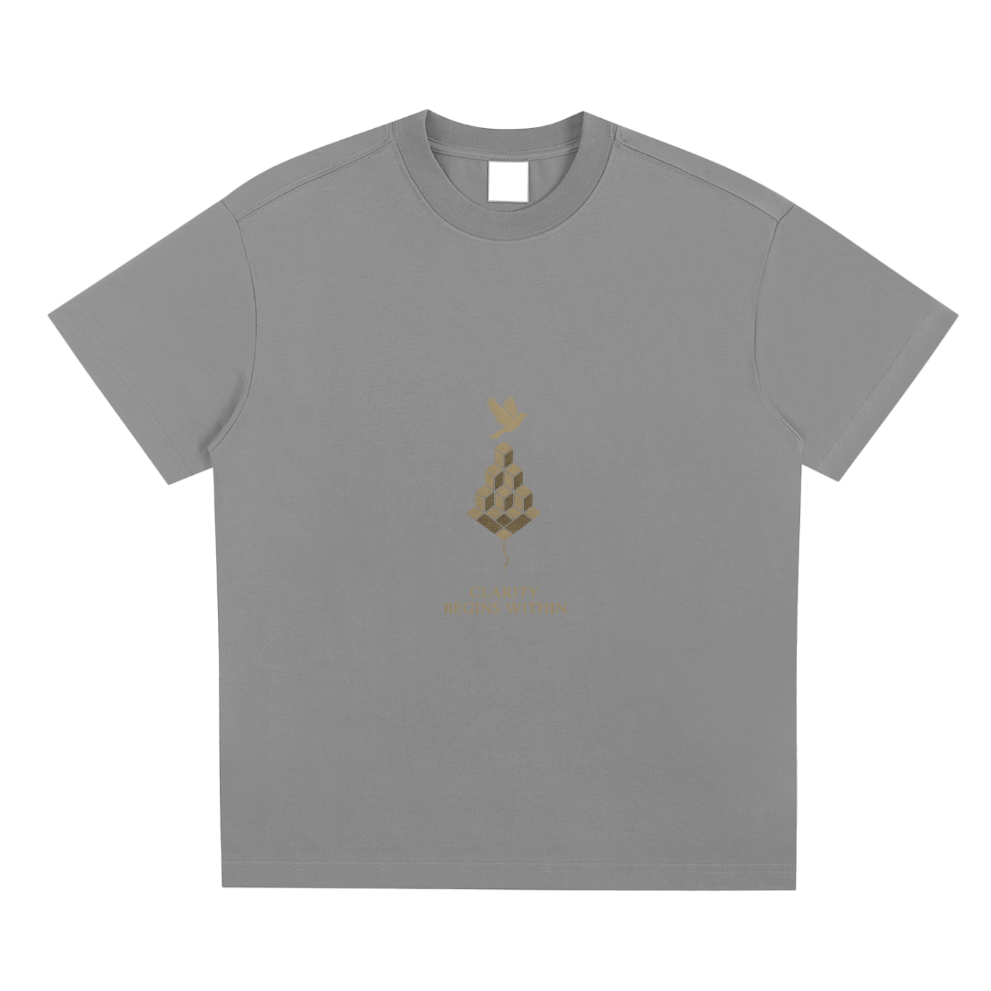 Gray Mind Bloom tee front with geometric head and flying birds design in golden tone