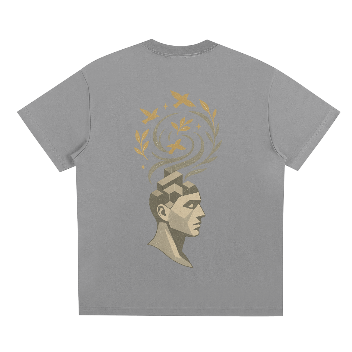 Back artwork depicting organic mind bloom concept on gray streetwear tee