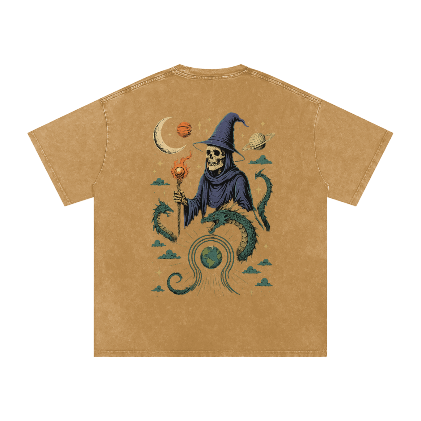 Cosmic wizard and planet scene on light brown graphic tee
