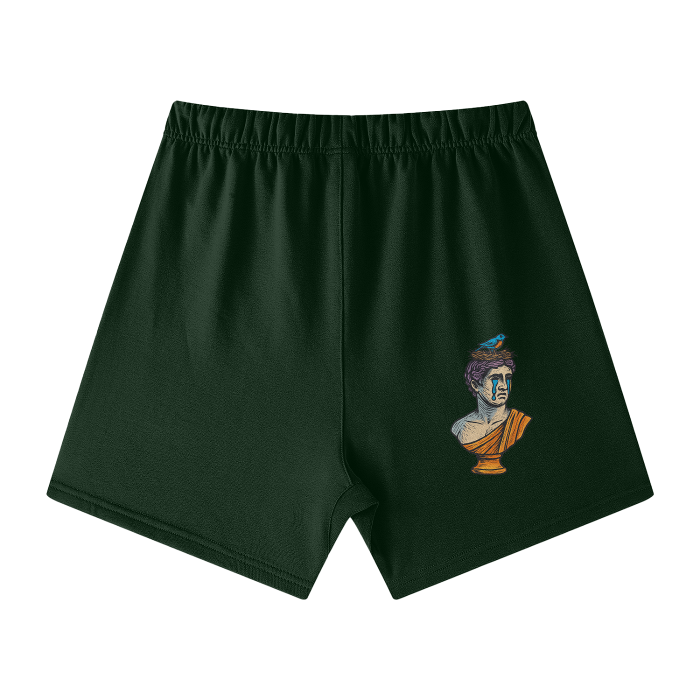 Blackish Green Solar Equilibrium cotton shorts back – Greek sculpture crying bust design, high-quality cotton wear