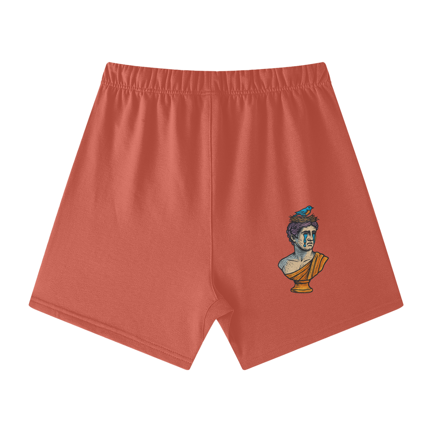 Watermelon Red Solar Equilibrium cotton shorts back – statue crying artwork and bird, aesthetic men’s fashion