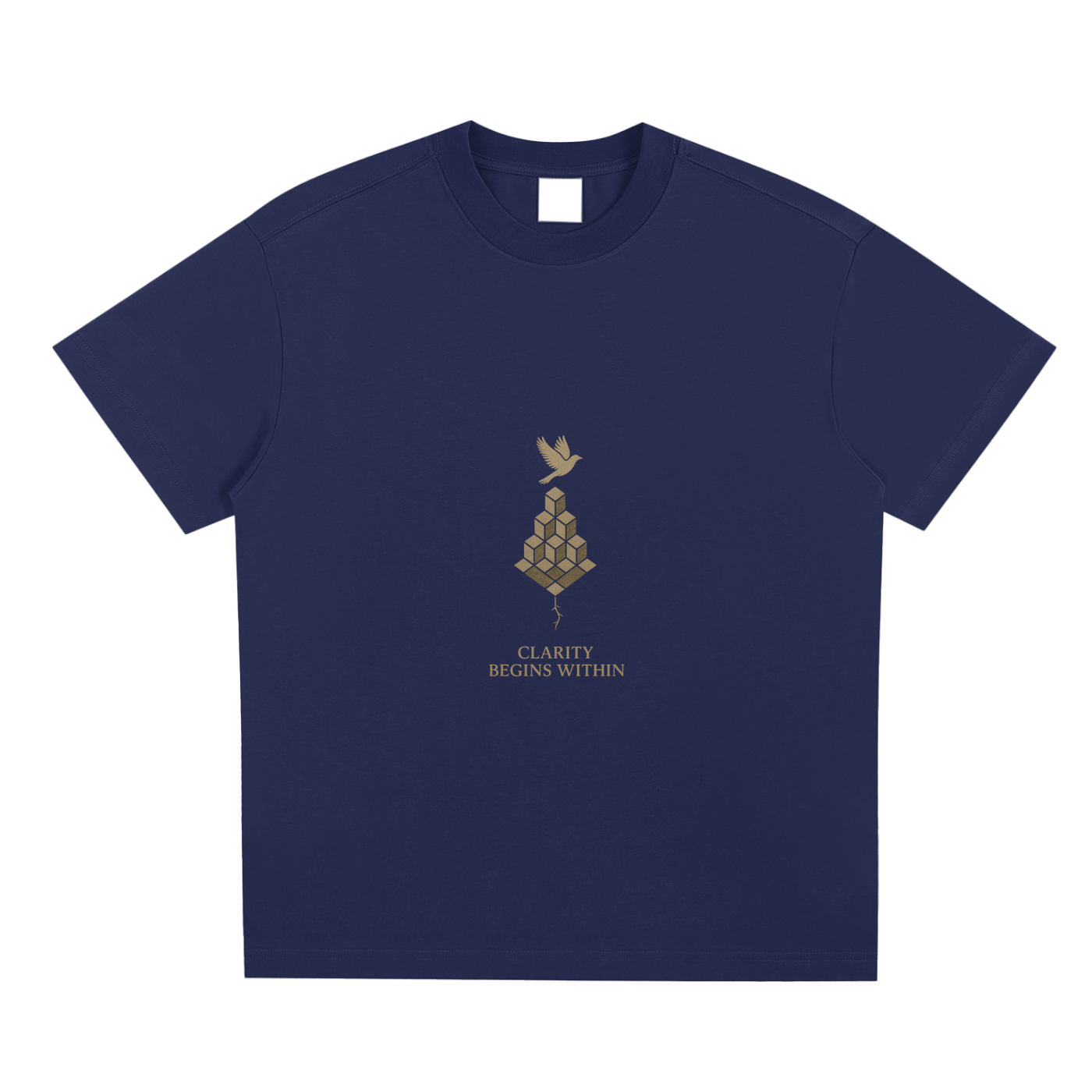 Front display of Mind Bloom tee in blue with detailed golden illustration of expanding thoughts