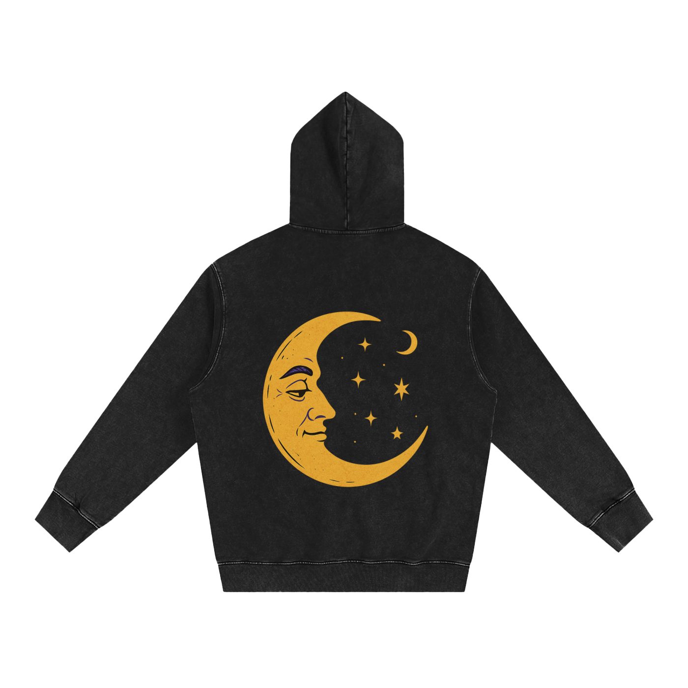 Cosmic Summoner design printed on the back of black hoodie featuring wizard, planets, and serpent