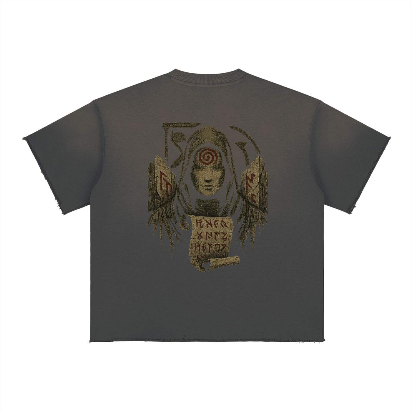 Streetwear shirt with mystical spiral back design and oversized fit, dark gray