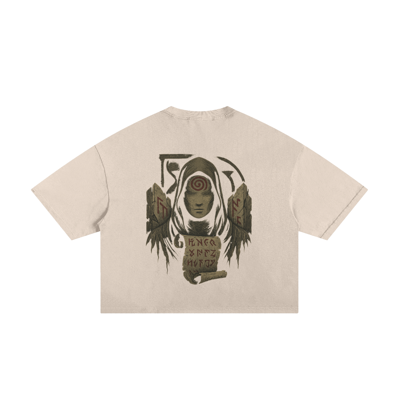Bold spiral artwork on ripped style cotton t-shirt, apricot
