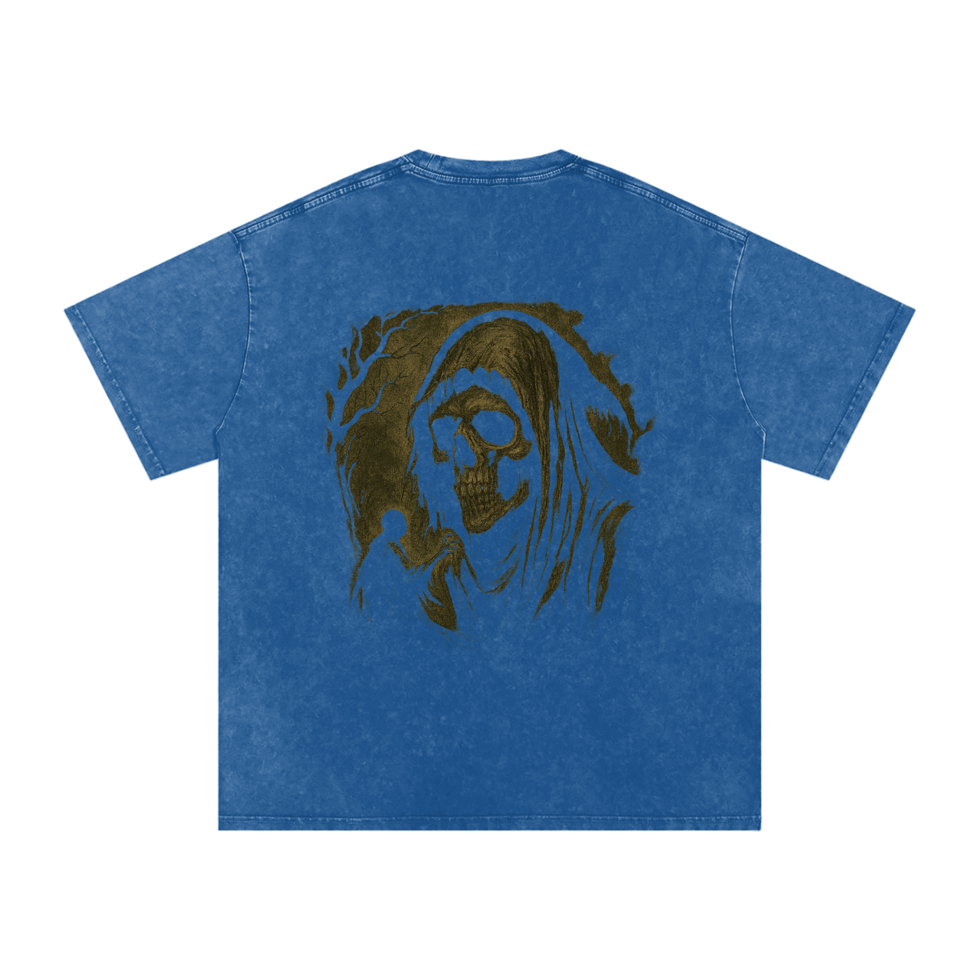 Skull reaper art on short sleeve tee with edge print, dark blue