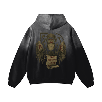 Back view of heavyweight streetwear hoodie with mystic print, black