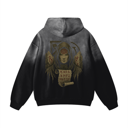 Back view of heavyweight streetwear hoodie with mystic print, black
