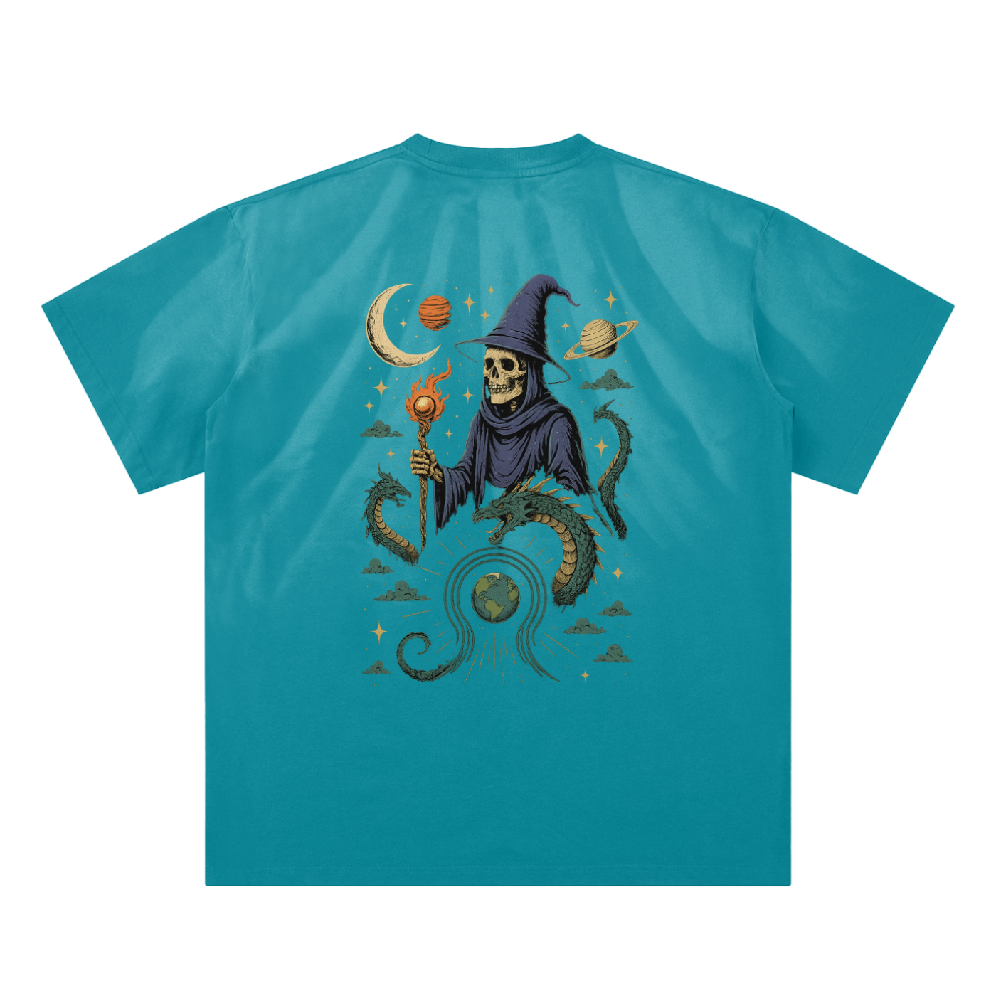 Serpent and galaxy themed graphic on peacock blue cotton tee