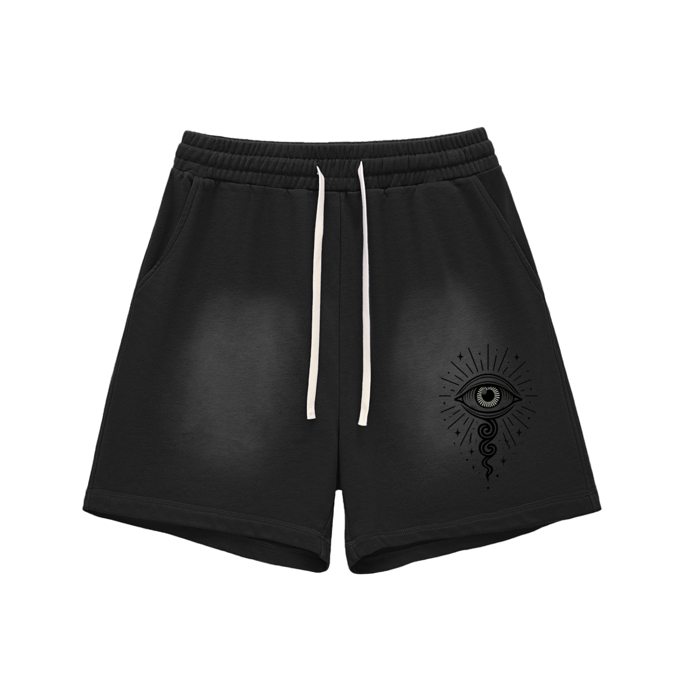 Black shorts with All-Seeing Vision eye print on the front