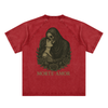 Reaper and woman illustration in gothic style with roses, on red

