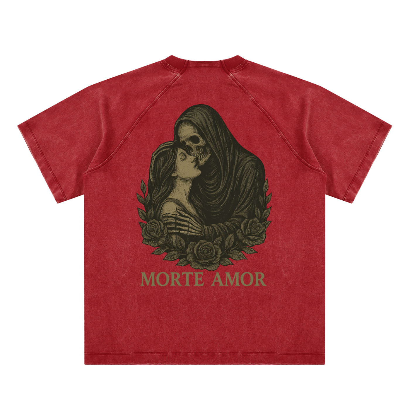 Reaper and woman illustration in gothic style with roses, on red

