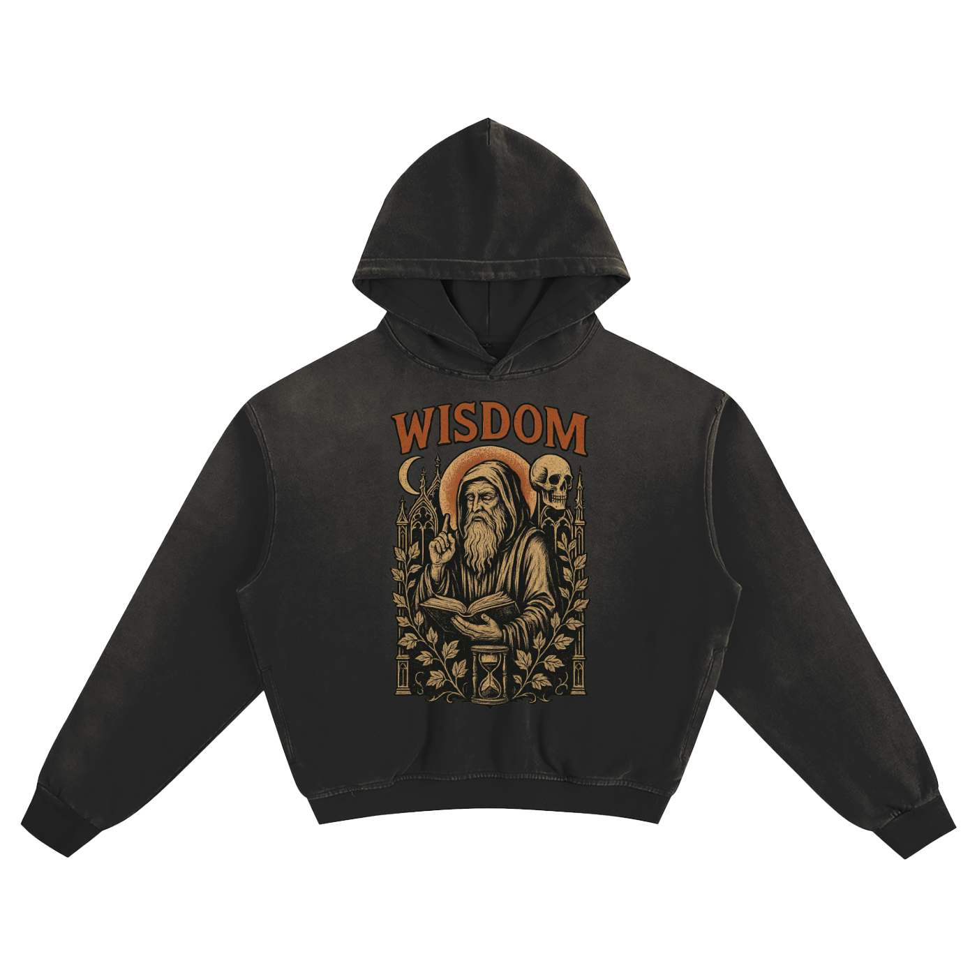 Wisdom Reaper Vintage Hoodie – Washed Black Cotton Streetwear Sweatshirt