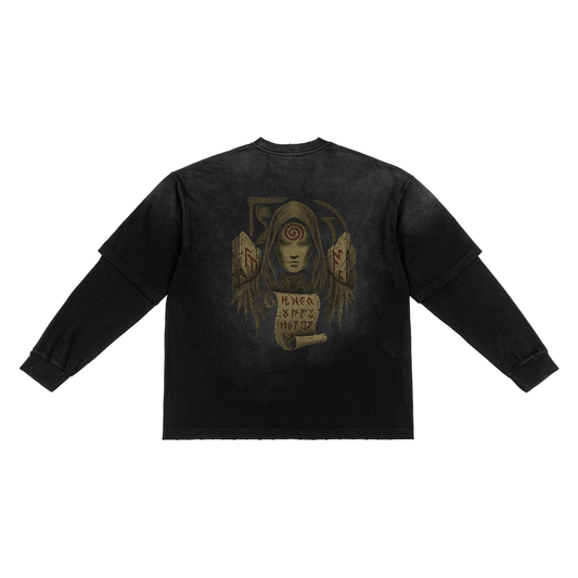 Back of handcrafted streetwear long sleeve t-shirt with mystic artwork, black

