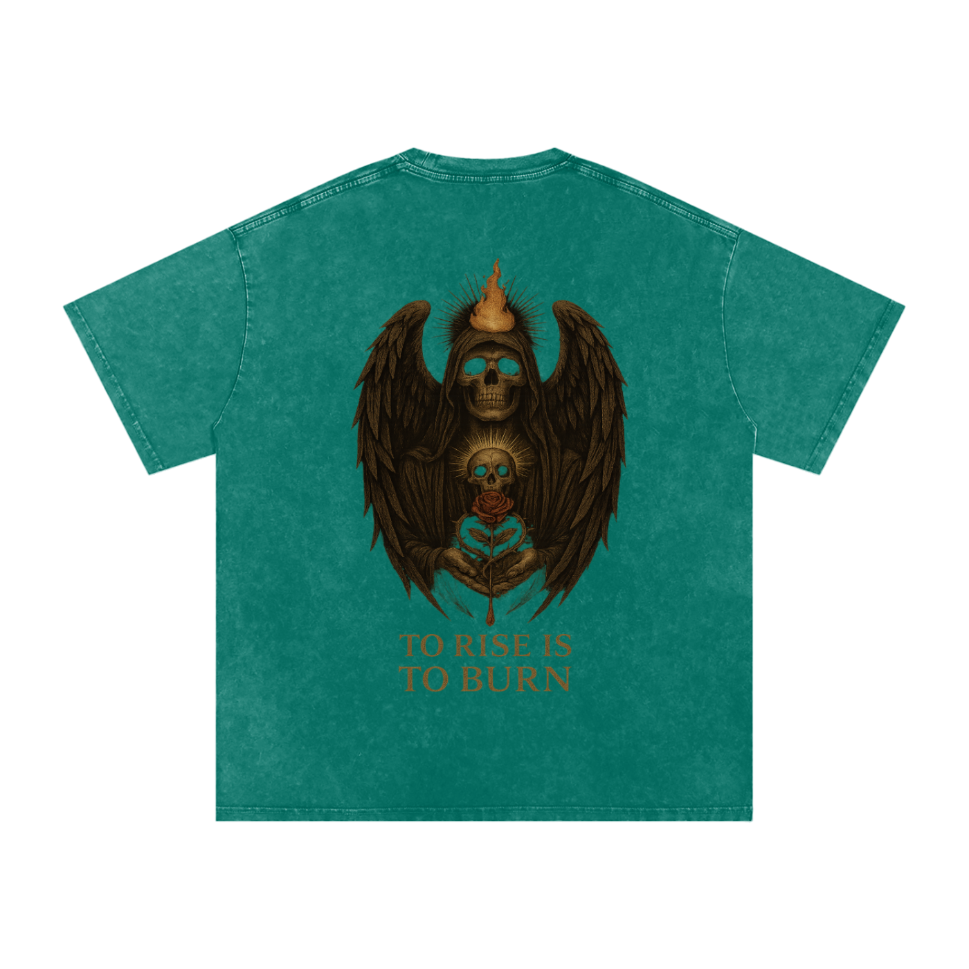 Back design of flaming skull angel holding a rose with ‘To Rise Is To Burn’ message – gothic oversized tee Dark Green

