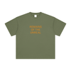 Front image of Cosmic Summoner tee in Greyish Green with muted tones

