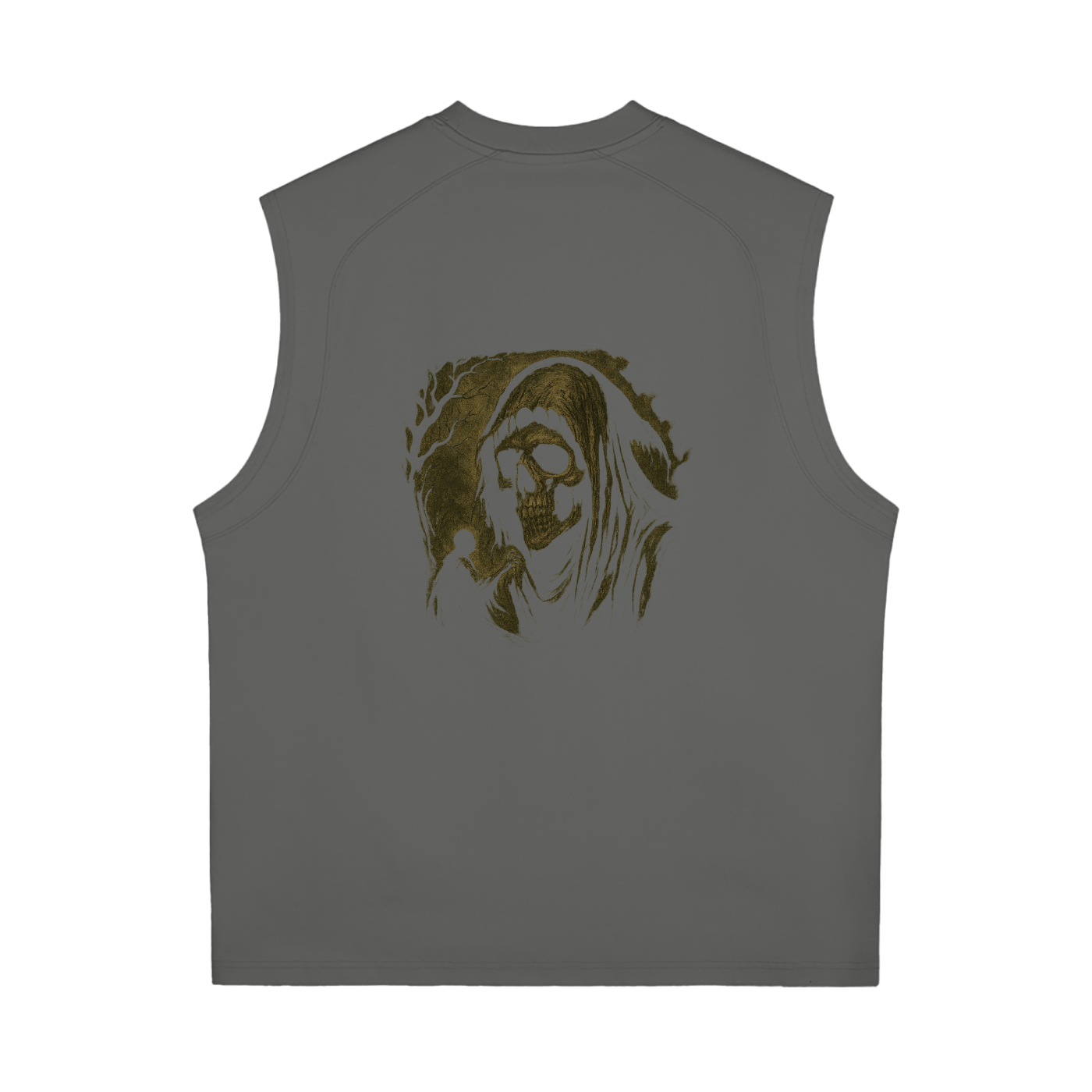 Sleeveless streetwear shirt with skull reaper artwork and soft fabric, dark gray

