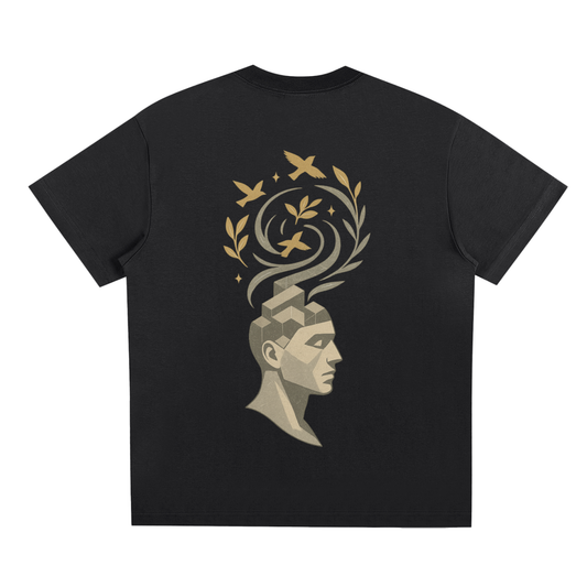 Back view showcasing the blooming mind concept with birds and leaves on black oversized tee

