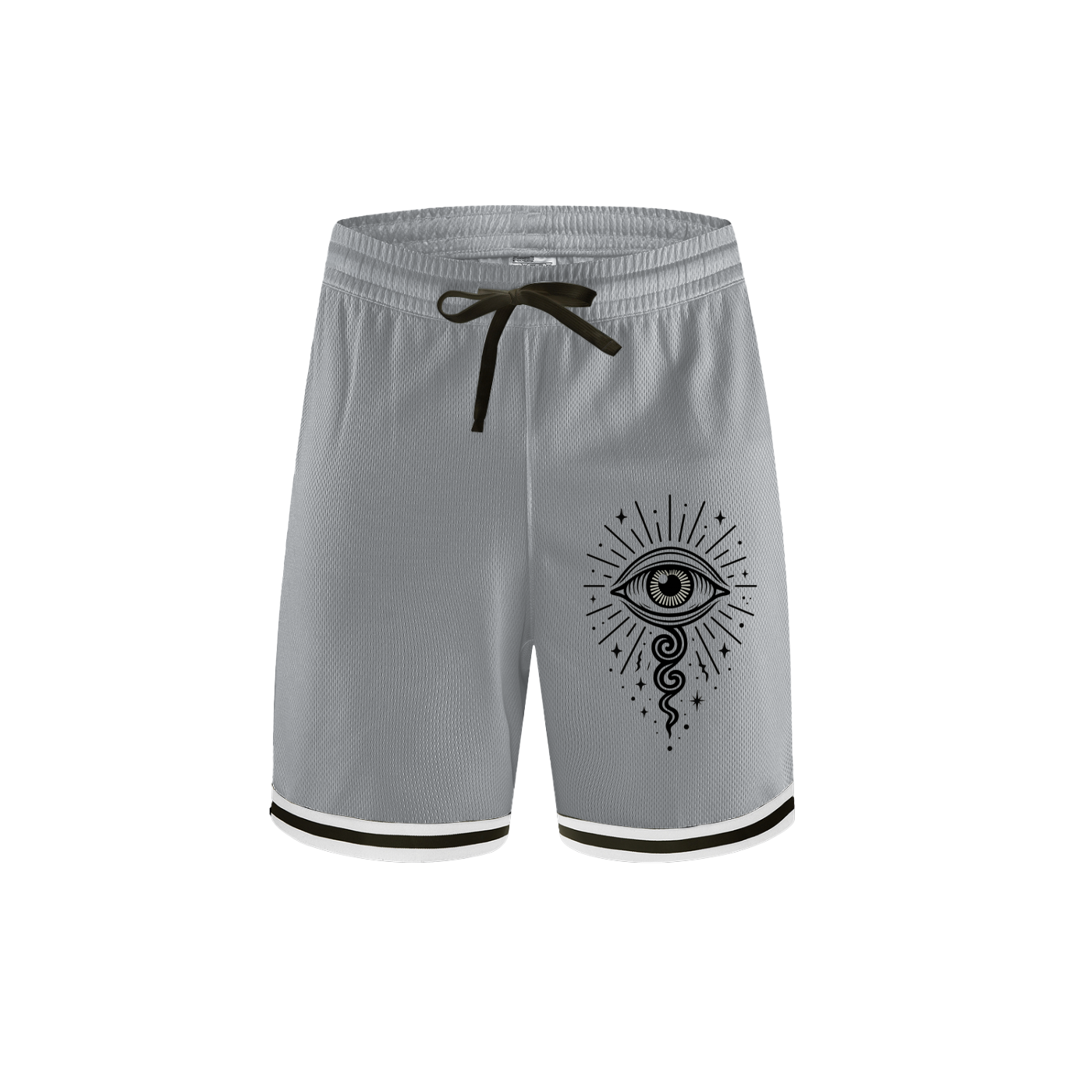 Gray gym shorts featuring eye and star symbol design – All-Seeing Sprint