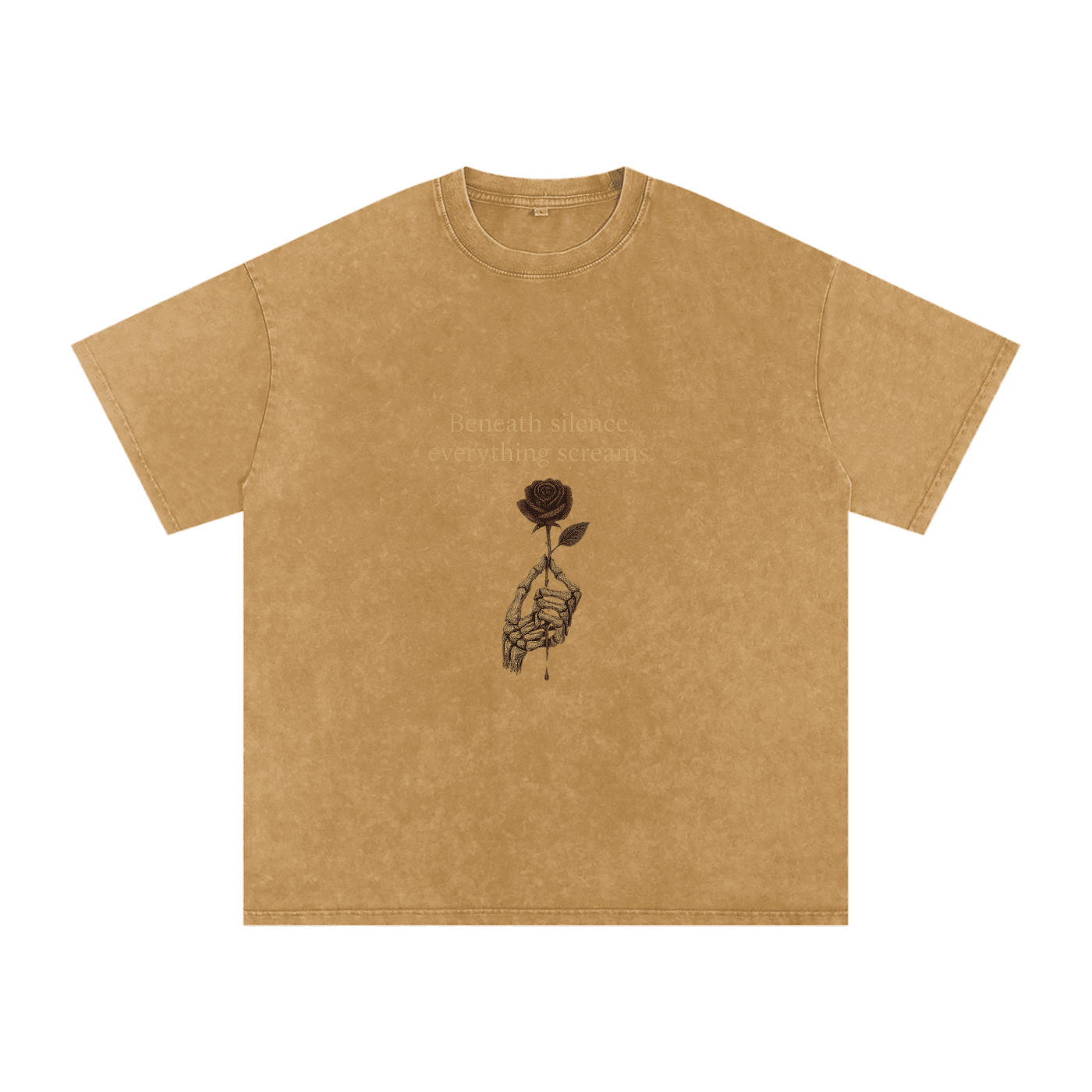 Front print of Masked Silence tee showing skeleton hand holding red rose beneath a silent quote on washed black cotton Light Brown