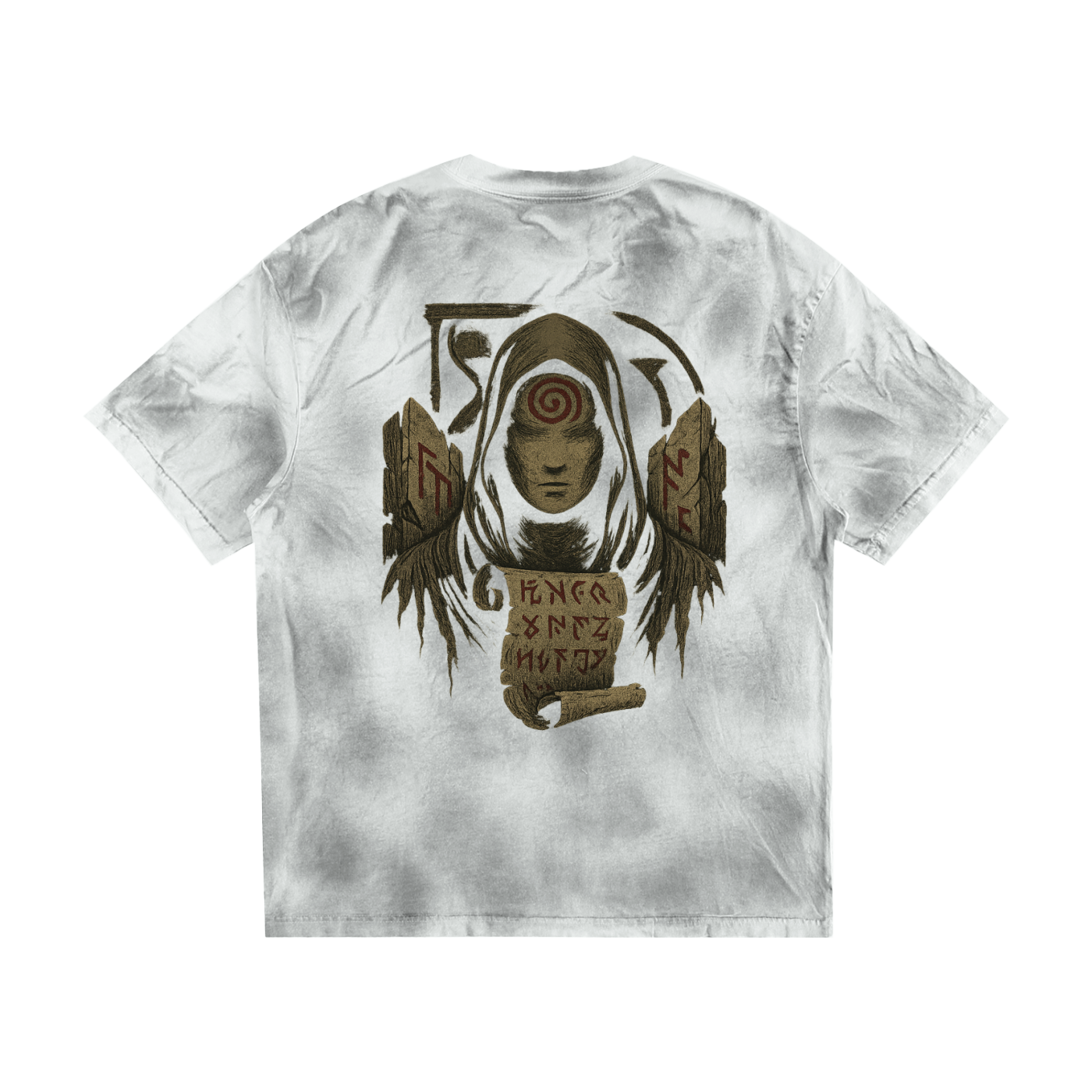 Back view of heavyweight streetwear tee with spiral artwork, white gray