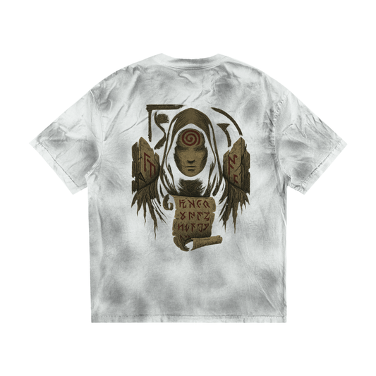 Back view of heavyweight streetwear tee with spiral artwork, white gray