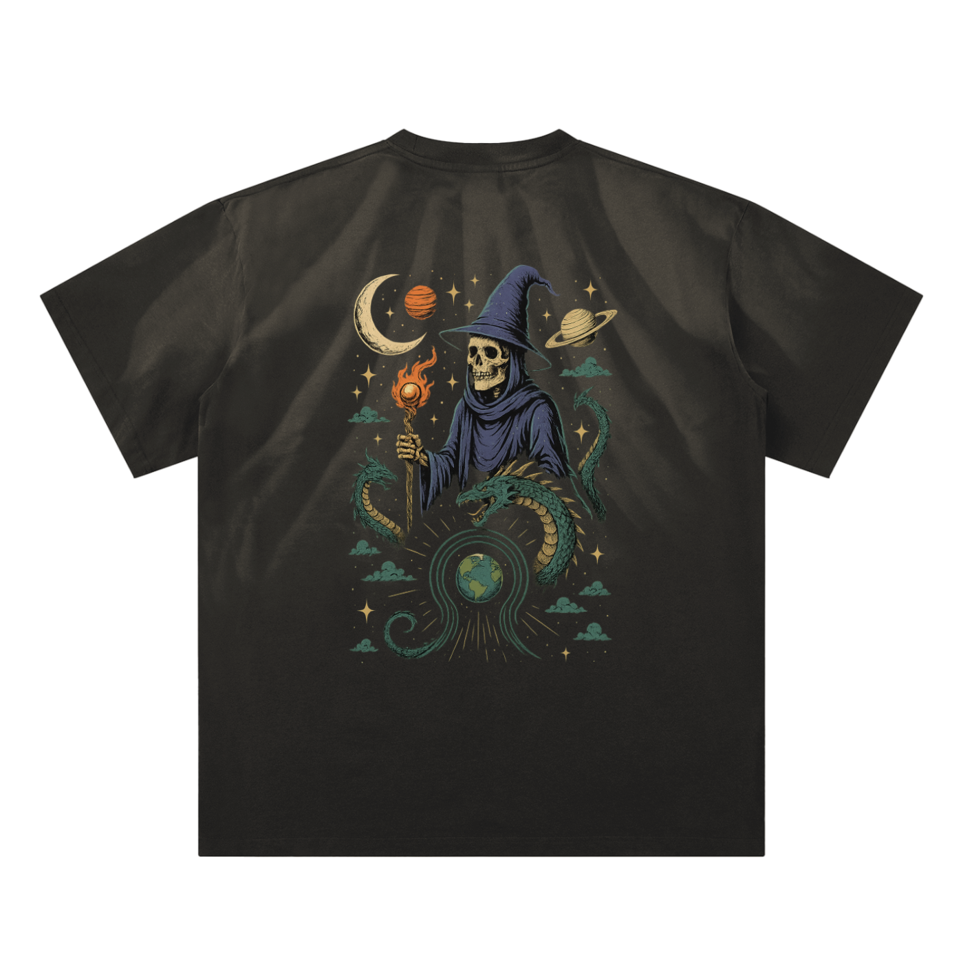Cosmic theme with skull, snake and earth print on gray apricot