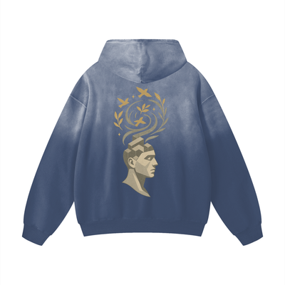 Vision Bloom abstract art graphic on back of gray blue hoodie: a symbol of blooming mind and tranquil rebellion.

