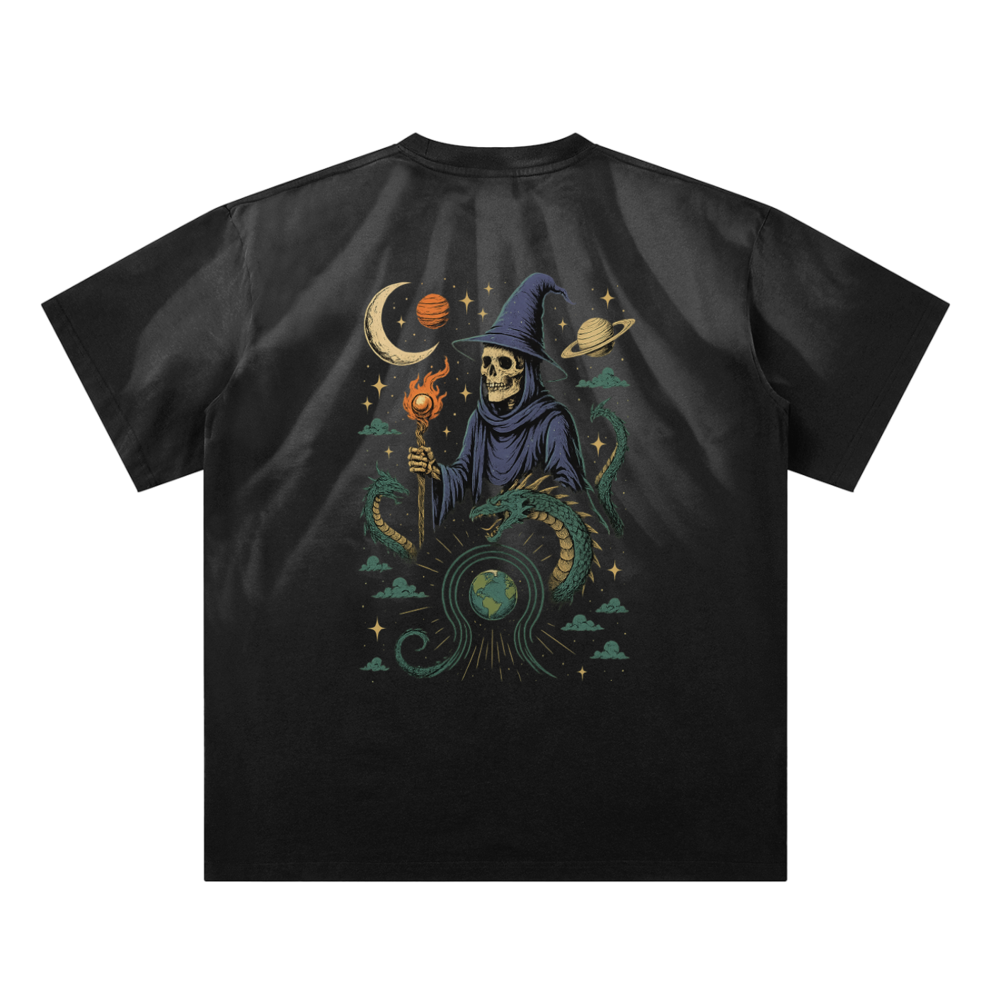 Mystic skull and serpent design on black cotton tee