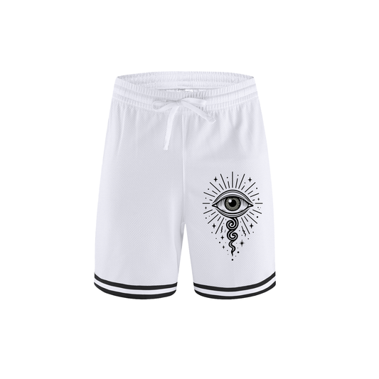 White sports shorts with radiant eye print and cosmic rays – All-Seeing Sprint