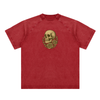 Vivid red t-shirt with golden skull and rose symbol on chest