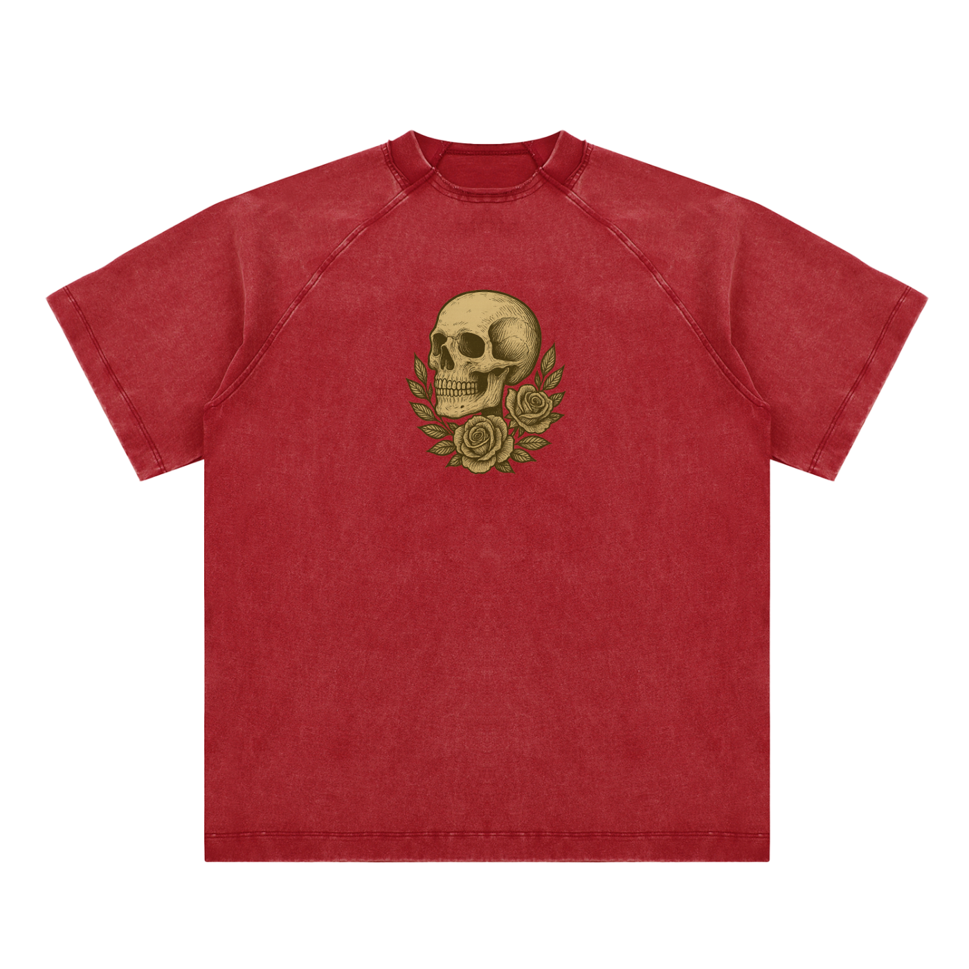 Vivid red t-shirt with golden skull and rose symbol on chest