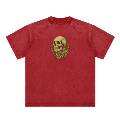 Vivid red t-shirt with golden skull and rose symbol on chest