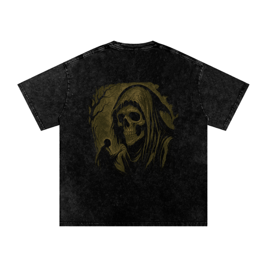  Skull print drop shoulder t-shirt with washed street design, black

