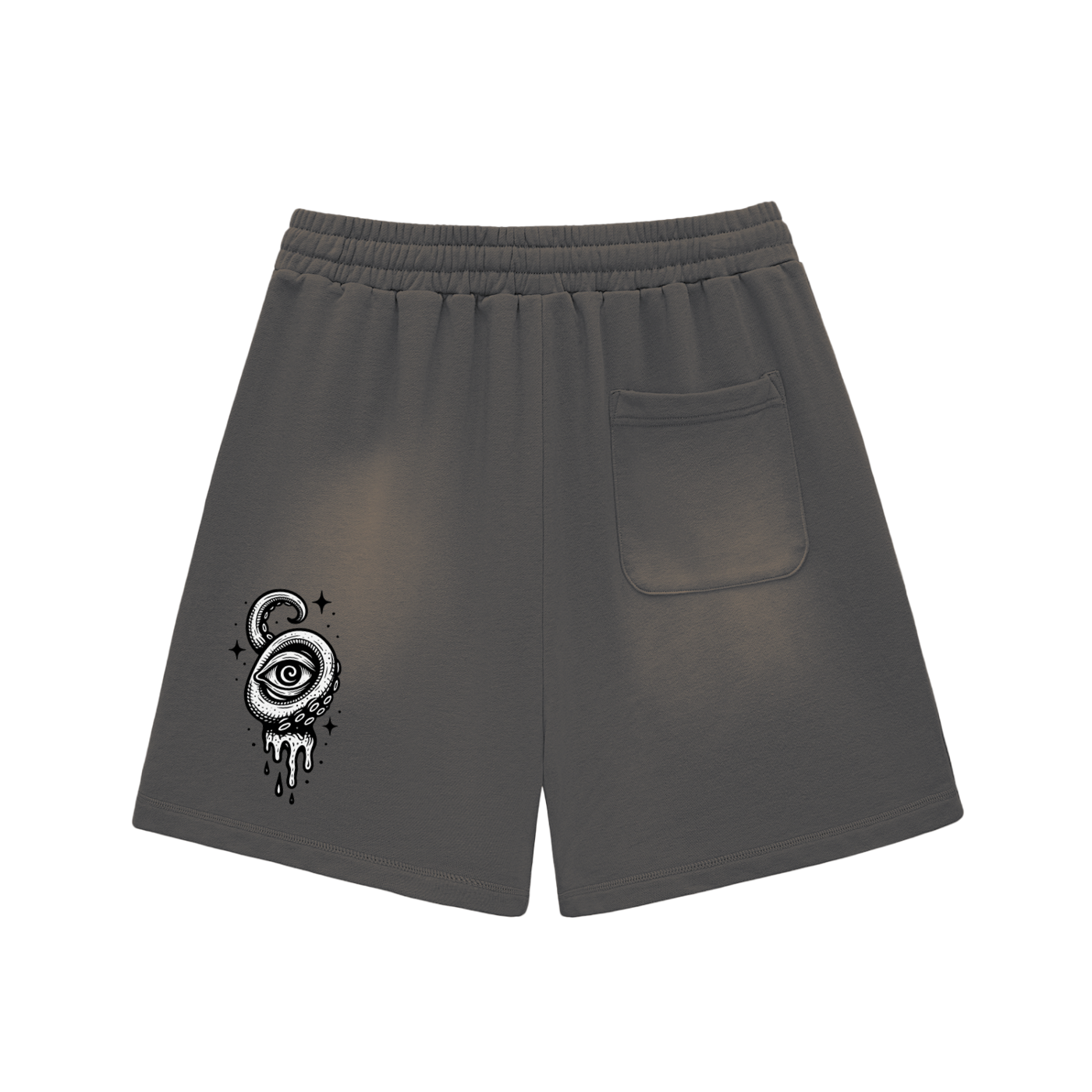 Dark gray shorts with dripping eye graphic printed on back
