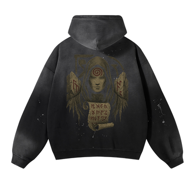 Back view of handcrafted streetwear hoodie with mystic spiral print, black