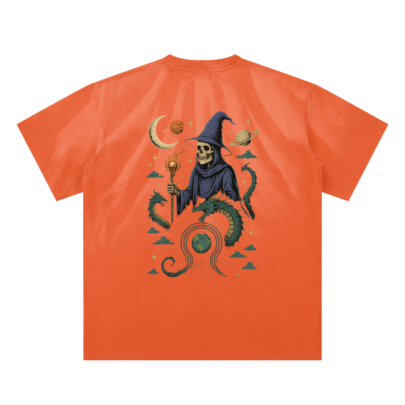 Back print with galactic serpents and planet on sweet orange