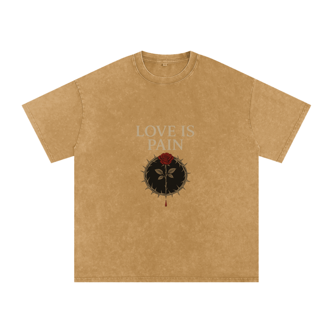 Front view of Love Is Pain graphic t-shirt showing bleeding rose wrapped in barbed wire – Stitro unisex design Light Brown

