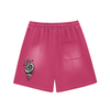 Rose red shorts with dripping eyeball illustration on the back