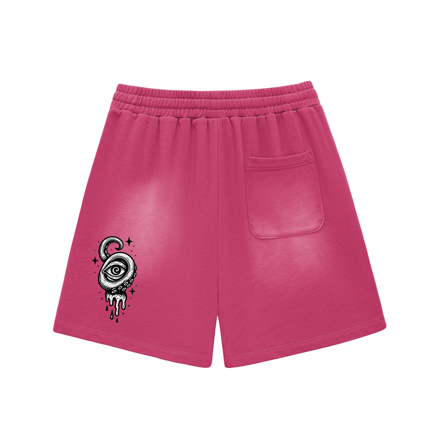 Rose red shorts with dripping eyeball illustration on the back
