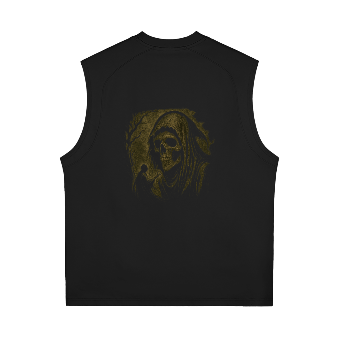 Sleeveless streetwear shirt with skull reaper artwork and soft fabric, black