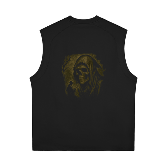 Sleeveless streetwear shirt with skull reaper artwork and soft fabric, black