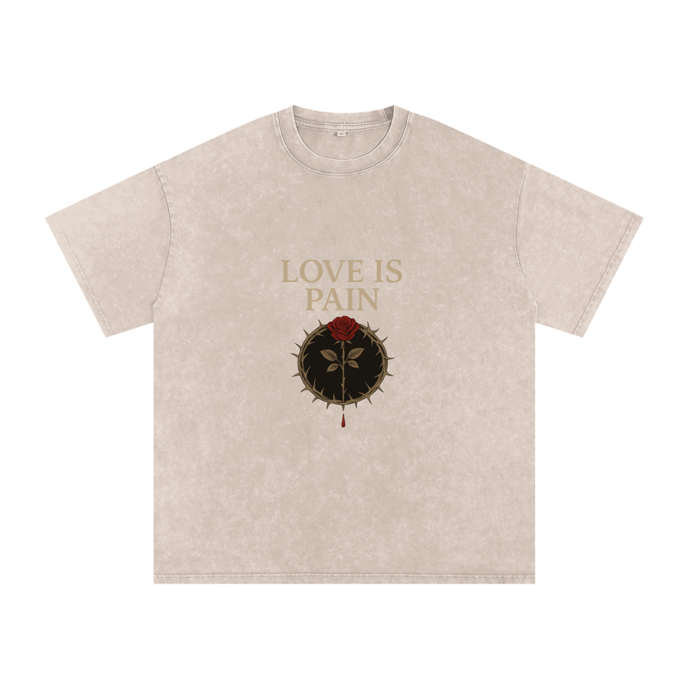 Front view of Love Is Pain graphic t-shirt showing bleeding rose wrapped in barbed wire – Stitro unisex design Apricot

