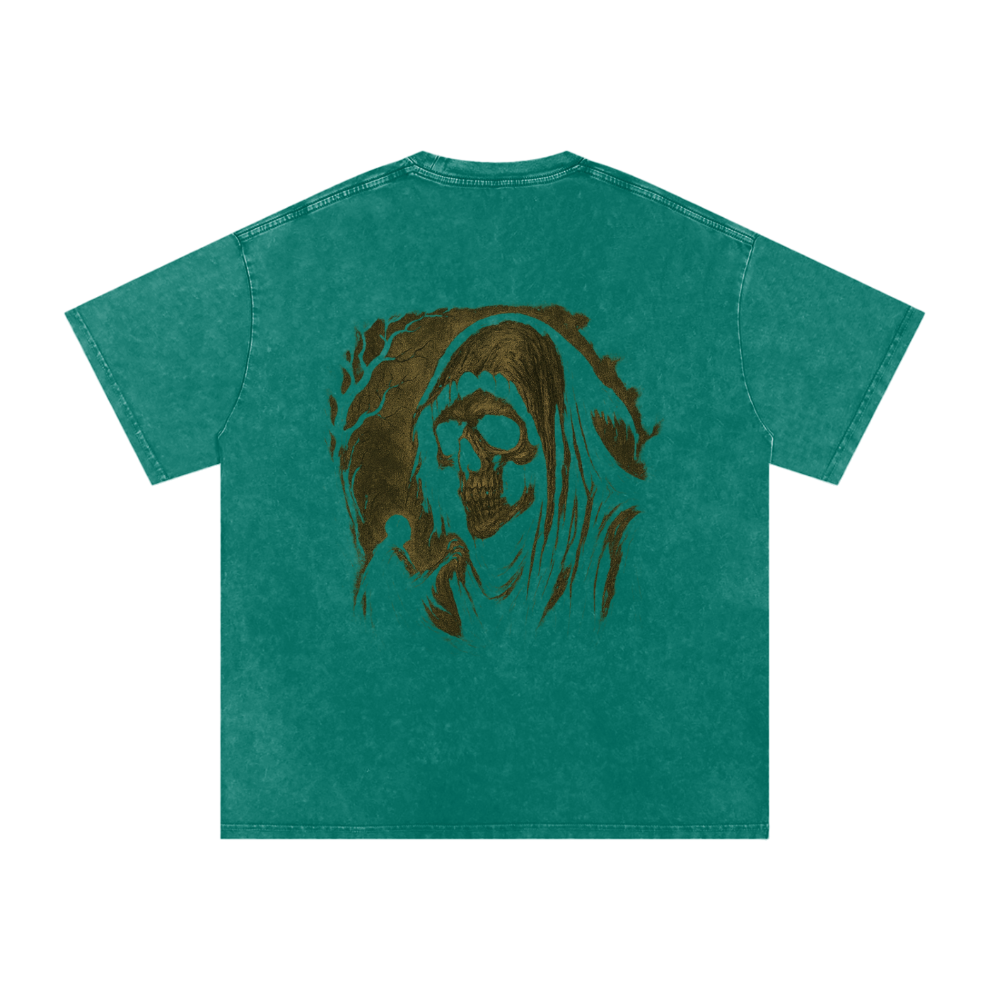Gothic reaper print graphic shirt for unisex streetwear, dark green

