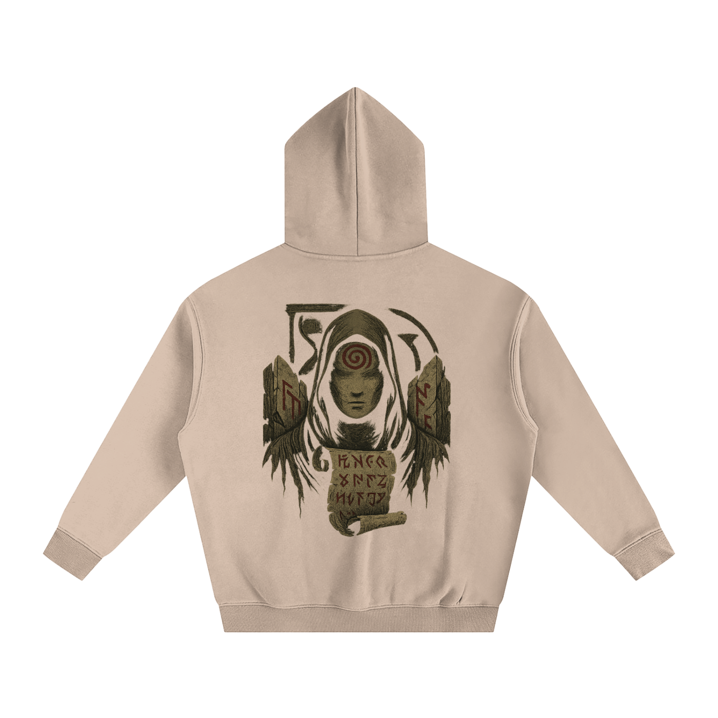 Unisex streetwear hoodie with mystic back print design, gray apricot