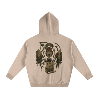 Unisex streetwear hoodie with mystic back print design, gray apricot