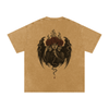 Back design of oversized graphic tee featuring three-faced gothic figure with roses and rising smoke Light Brown