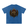 Back design of oversized graphic tee featuring three-faced gothic figure with roses and rising smoke Dark Blue

