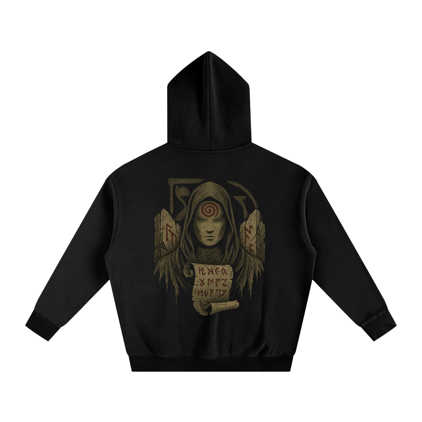  Unisex streetwear hoodie with mystic back print design, black

