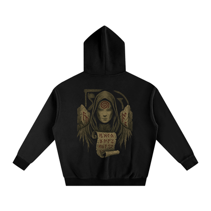  Unisex streetwear hoodie with mystic back print design, black

